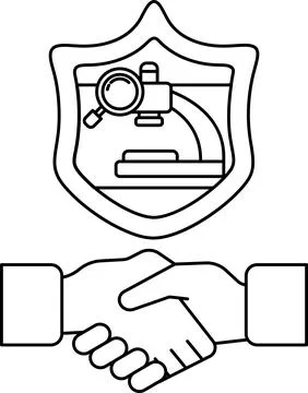 A black and white image of two hands shaking with a microscope Stock Illustration