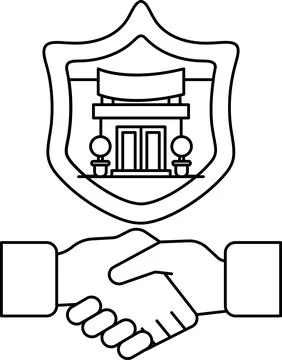 A black and white image of two hands shaking with a shield behind them Stock Illustration