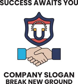 A black and white image of two hands shaking with a shield behind them Stock Illustration