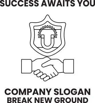 A black and white image of two hands shaking with a shield behind them Stock Illustration