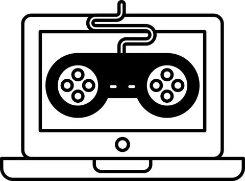 A black and white image of a video game controller on a laptop Stock Illustration