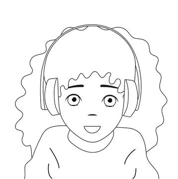 Black and white image.A young girl listens to music and podcasts in headphone Stock Illustration