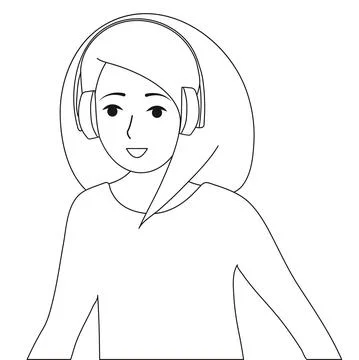 Black and white image.A young girl listens to music and podcasts in headphone Stock Illustration
