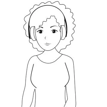 Black and white image.A young girl listens to music and podcasts in headphone Stock Illustration