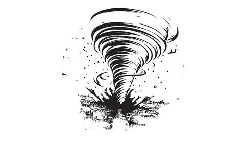 Black and white ink drawing of a powerful tornado spinning violently over the Stock Illustration