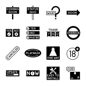 Black and White Interface Icons with Directional Labels and Warning Signs 스톡 일러스트