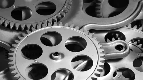 Black and White Interlocking Gears Close-Up Stock Footage 331327566