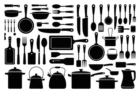 Black and white of kitchen utensils and appliances cooking tools Stock Illustration