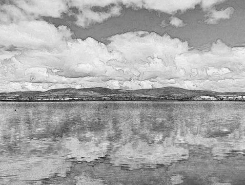 Black and white lake landscape with dramatic clouds Stock Illustration