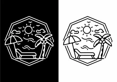 Black and white line art illustration of beach in octagon shape Stock Illustration