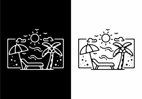 Black and white line art illustration of beach in rectangle shape Illustrazione stock
