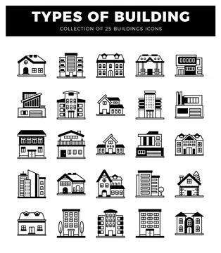 Black and white line art icons of various building types. building icons pr.. Stock Illustration