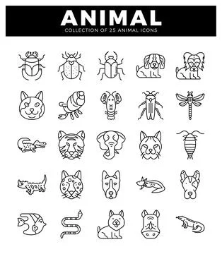 Black and white line art icons of various animals arranged in a grid on a w.. Stock Illustration