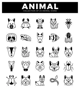 Black and white line art icons of various animals on a white background. Th.. Stock Illustration