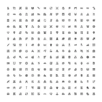 Black and white line art theme icons set Stock Illustration
