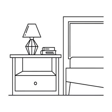 Black and white line of a bedside table with a lamp and books next to a bed. Stock Illustration