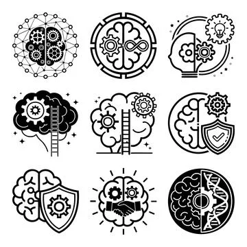 Black and white line brain with gears and symbols msea set line black and w.. Stock Illustration