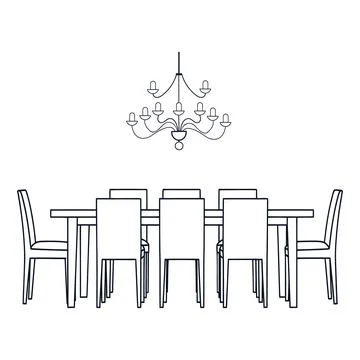 Black and white line of dining table with six chairs and chandelier line Illustrazione stock