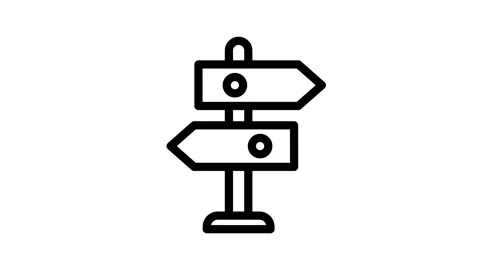 A black and white line drawing of a signpost with multiple directional arro.. Stock Footage 334992227