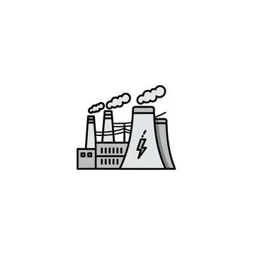 A black and white line drawing of a power plant with smokestacks Stock Illustration