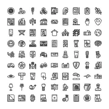 Black and white line drawing icons collage illustrating various concepts Stock Illustration