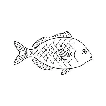 A black and white line of a fish with detailed scales, fins, and a tail, pr.. Illustrazione stock