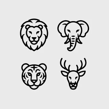 Black and white line of four animal heads: lion, elephant, tiger, and deer Stock Illustration
