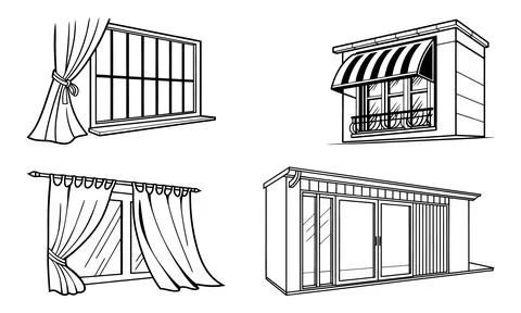 Black and white line of four windows and doors with curtains and awnings. Ilustración de archivo