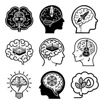 Black and white line of human brain anatomy and ideas concept msea set brai.. Stock Illustration