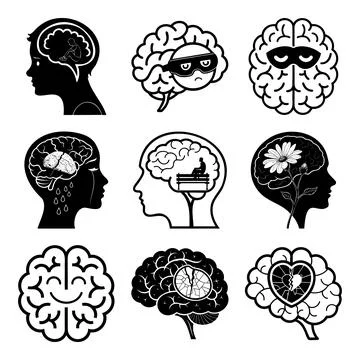 Black and white line of human brain anatomy and neural pathways msea set ce.. Stock Illustration