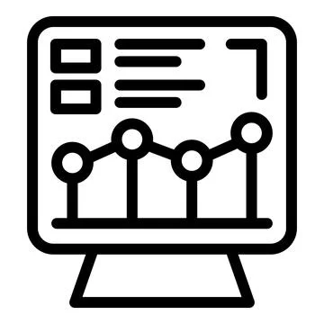 Black and white line icon of a computer screen with analytics dashboard Stock Illustration