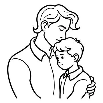 Black and white line of a man and a boy embracing line black and white Stock Illustration