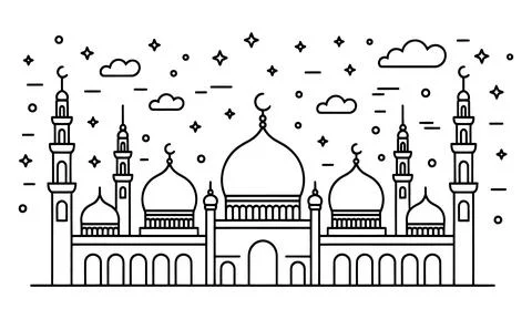 Black and white line of a mosque with minarets and domes under a starry Illustrazione stock