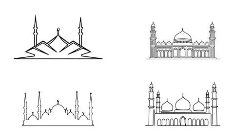 Black and white line of mosques with minarets and domes line black Illustrazione stock