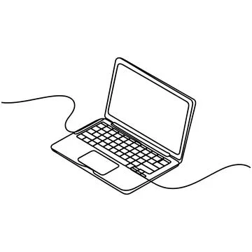 Black and white line of an open laptop with a power cord Stock Illustration