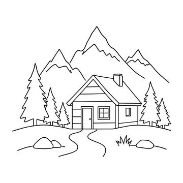 Black and white line of a rustic wooden cabin nestled in front of tall moun.. Stock Illustration