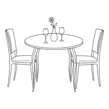 Black and white line of a table with two chairs wine glasses and a vase Stock Illustration