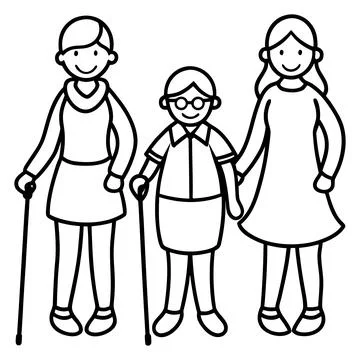 Black and white line of three smiling people with a senior in the middle us. Stock Illustration