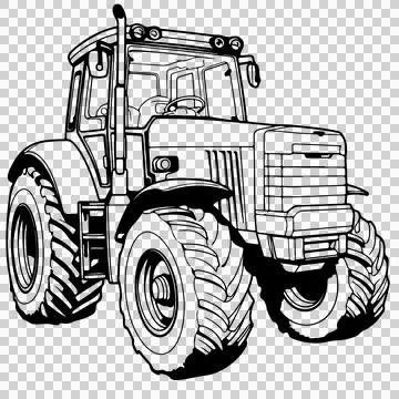 Black And White Line Tractor tires cab art Stock Illustration