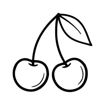 Black and white line of two cherries on a single stem with a leaf on a whit.. Stock Illustration