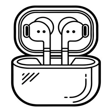 Black and white line of wireless earbuds in charging case line black Stock Illustration