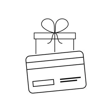 Black and white linear icon of a card with a gift box. Bonus card, gift card, Illustrazione stock