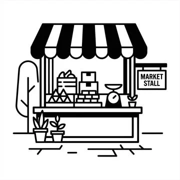 A Black and White Linear Illustration of a Farmers Market Stall Shop Exterior 库存插图