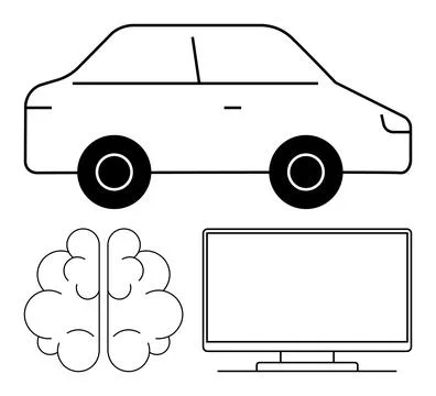 Black and White Linear Illustrations of Car, Brain, and Computer Monitor Illustrazione stock