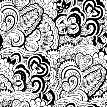 Black and white linear seamless pattern with plant and floral elements for 스톡 일러스트