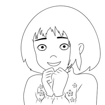 Black and white lines drawing, little girl expresses joy by folding her hands Illustrazione stock