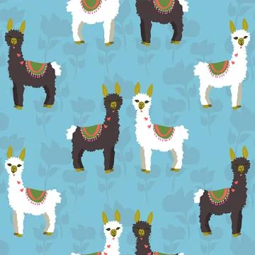 Black And White Llamas Vector Repeat Pattern On A Sky Blue Background Stock Illustration
