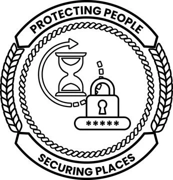 A black and white logo with a clock and a lock Stock Illustration