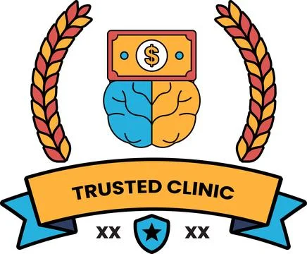 Black and white logo features a brain with dollar bill above it Stock Illustration