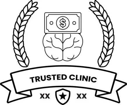 Black and white logo features a brain with dollar bill above it Stock Illustration